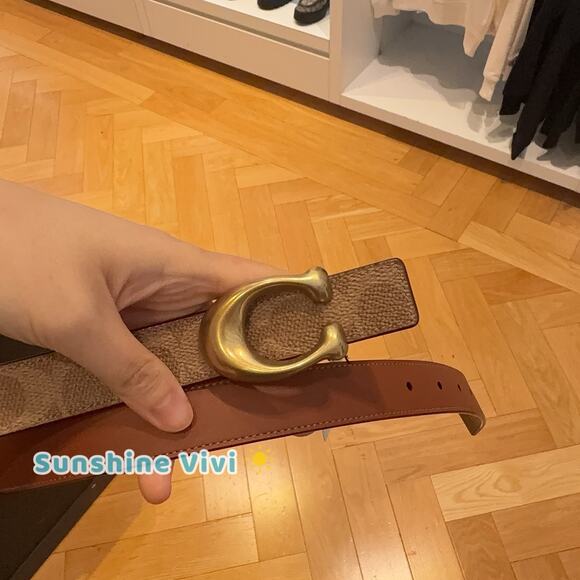 NWT COACH Women Brass/Tan Caramel Sculpted C Buckle Reversible Belt 25 Mm ceb69 main image 4